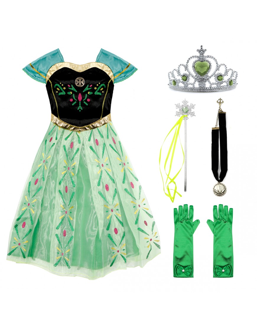 Princess Outfit Girls Dress up Kids Costume Christmas Birthday Party Cosplay Gift with Accessories (Green, 150CM/9-10Y)